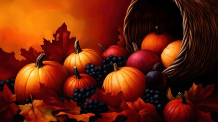 A vibrant autumn a cornucopia brimming with colorful pumpkins, gourds, and fruits, set against a warm sunset and scattered leaves, evoking a festive harvest celebration.