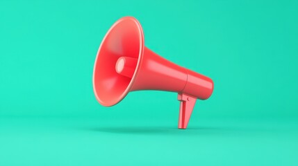 A vibrant red megaphone against a turquoise background showcases communication and promotion. Its 3D design and contrasting colors make it ideal for marketing and educational use.