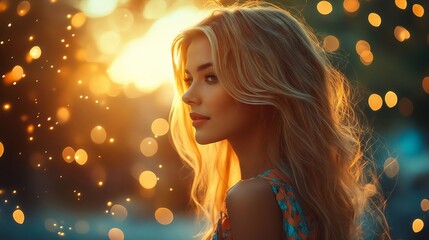 A woman with long blonde hair standing in front of a sunset