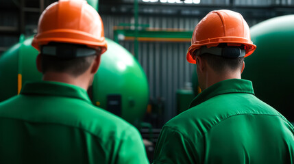 Two industrial workers in orange helmets and green uniforms stand in a manufacturing facility, focused on large green machinery, highlighting teamwork and safety in industry.