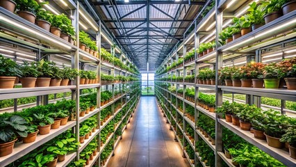 A pathway lined with shelves of potted plants, illuminated by bright overhead lights, leading towards a distant window in a modern greenhouse.