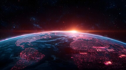 Obraz premium Futuristic Earth with Digital Data Overlay at Sunrise