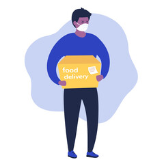 Food delivery, man in mask with a box