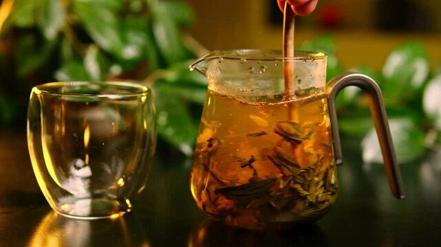 Hand Slowly Stirring Tea in a Glass Teapot, Creating a Dance of Leaves in Hot Water
