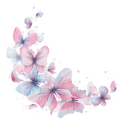 Butterflies are pink, blue, lilac, flying, delicate with wings and splashes of paint. Hand drawn watercolor illustration. Circle wreath, frame, template on a white background, for design