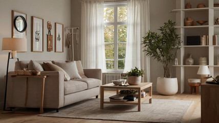 A tranquil living area with soft tones and elegant finishes designed for both beauty and functionality