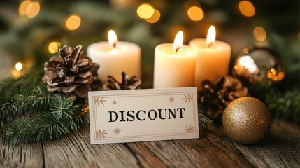 A discount card is placed on wood, illuminated by candles and festive home decor elements