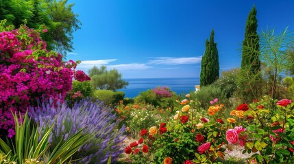 Obraz premium : A picturesque garden with colorful bougainvillea, roses, and lavender, under a flawless blue sky, the Mediterranean Sea shimmering in the distance