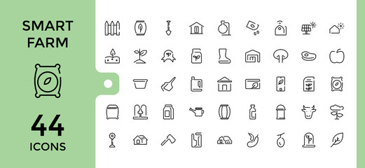 Farm And Farming icons in linear style. Featuring garden, sign, man, vegetable, farming, animal, agriculture. Thin outline icons pack. Editable stroke. Vector illustration.