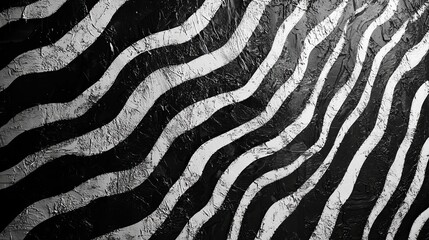 Black and white zebra stripes rippling like ocean waves, creating a textured and flowing design with depth and movement. Textured zebra pattern, Wavy abstract stripes