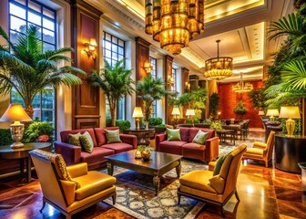 Fototapeta premium Luxury Hotel Lobby Lounge Interior with Elegant Furniture and High Ceilings, Warm Lighting, Urban Exploration