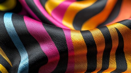 Bold zebra print in vivid colors on black, playful and energetic, with strong contrasts that make the stripes stand out vibrantly. Vibrant zebra stripes, Playful energy