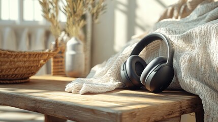 Headphones are resting on a wooden table next to a soft blanket, enhancing a cozy atmosphere