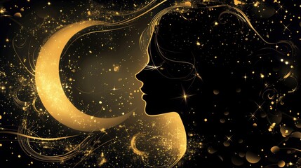A mystical profile of a woman with celestial golden elements lik