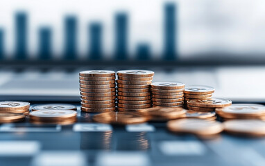 Stacks of coins on a laptop keyboard with financial graphs in the background.