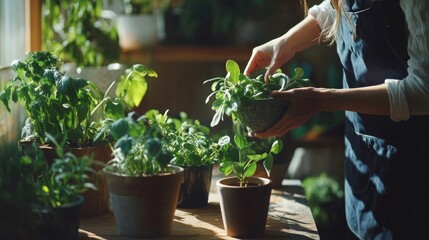 Woman gardeners transplanting plant in ceramic pots on the design wooden table. Concept of home garden with a lot of plants