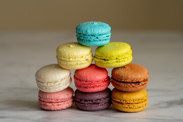 Colorful detail shot of macaroon cookies in mixed colors