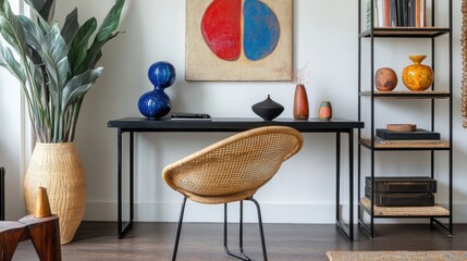 Workspace with a black desk, rattan chair, colorful sculpture, vase with leaves, and bookshelf with accessories