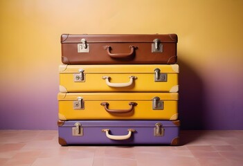Three colorful suitcases on wheels against a bright yellow,white,purple background for train airporte treveling turkey treveling