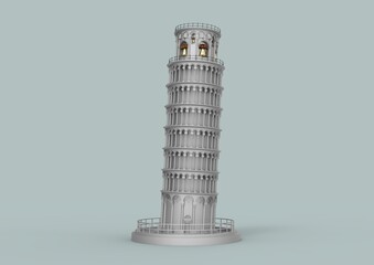 The image showcases a stunning 3D rendering of the Leaning Tower of Pisa, an architectural marvel known for its distinctive tilt. The tower is constructed from white and gray marble, featuring intrica
