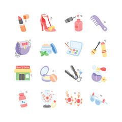 This whimsical icon set features colorful illustrations of beauty products, accessories, and tools,