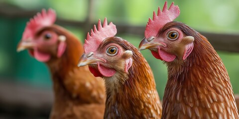 Naklejka premium Three chickens stand close together, curiously looking around within their coop.