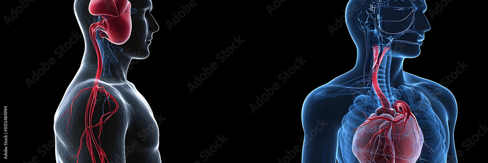 Poster Detailed transparent 3D showcasing the intricate anatomy and interconnected structures of the human cardiovascular system,including the heart,lungs,arteries,and veins.