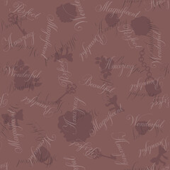 Digital paper pattern flowers and caligraphy on brown background for textile, wallpaper, print. Abstract ornament  for decor.