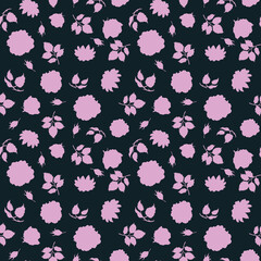 Cute pattern with pink roses and leaves on a navy blue background. Hand drawn seamless ornament  for textile, prints, wallpaper and decor interior.