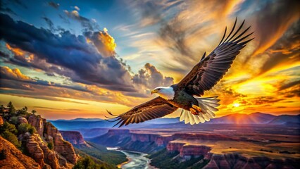 Obraz premium Majestic Eagle in Flight Over American Landscape | High Definition HDR Image for Nature Lovers