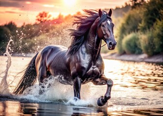 Fototapeta premium Majestic Friesian Horse Galloping Through Splashes of Water in Nature's Beauty