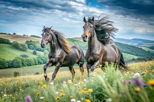 Majestic Friesian-Arabian Warlander Horses in Dramatic Drone Photography Over Serene Landscapes