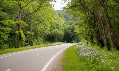 Fototapeta premium 시골길 도로 옆 나무와 꽃 예쁜 시골길
