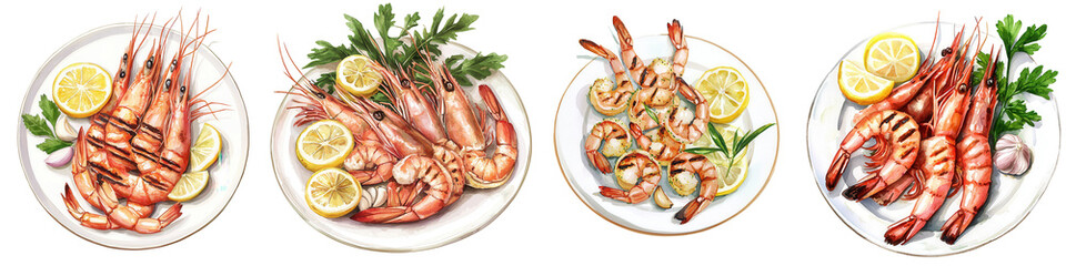 Four plates of beautifully presented seafood, featuring shrimp garnished with lemons and herbs, against a transparent background.