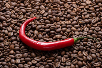 Hot green pepper and coffee beans detail shot