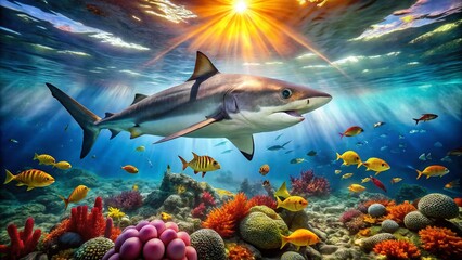 Fototapeta premium Majestic Shark Swimming in Crystal Clear Ocean Waters - Stunning Underwater Landscape Photography