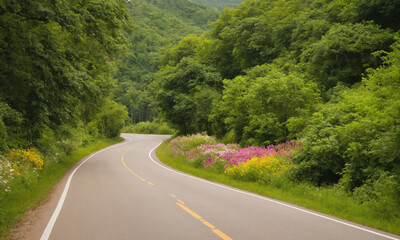 Fototapeta premium 시골길 옆으로 나무와 꽃이 예쁘게 피어있다.