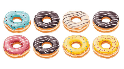 Sweet doughnuts. Cartoon donuts with different toppings, doughnut pastry dessert food set. Top view delicious sweet desserts donut with chocolate glaze and sprinkles. Donuts glazed dessert collection