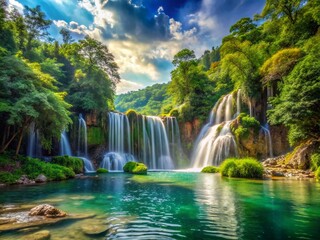 Fototapeta premium Majestic Waterfall Cascading into Serene Lake Surrounded by Lush Green Jungle Forest