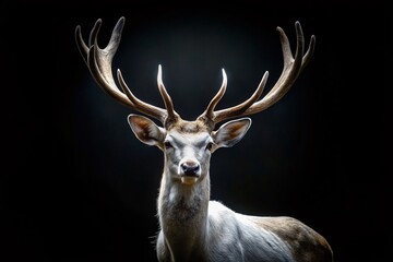 Naklejka premium Majestic White Antlered Deer Against Black Background – Stunning Wildlife Photography
