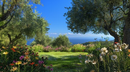 Obraz premium : A tranquil garden with blooming flowers, olive trees, and a clear blue sky, the Mediterranean Sea visible in the distance, creating a serene scene
