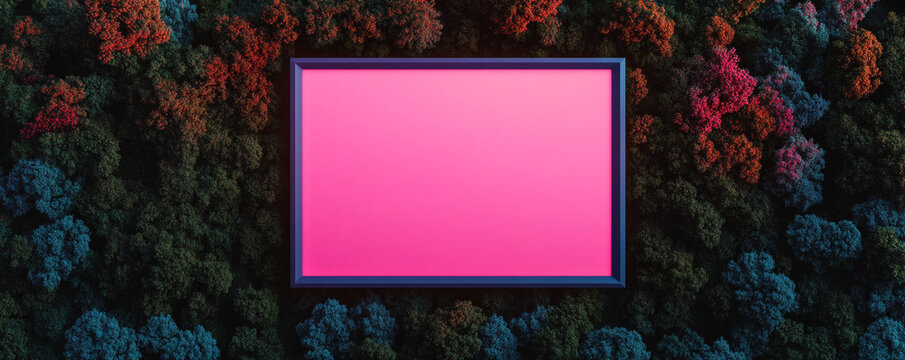 Colorful frame over vivid forest scenery for creative designs and artwork.