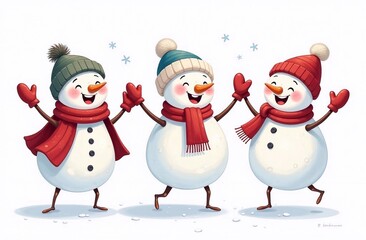 Illustration of dancing snowmen in funny clothes