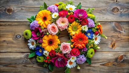 Colorful bouquet of mixed flowers arranged in a circular shape on a wooden table, floral arrangement, birthday flowers arrangements, party decor, wedding flowers