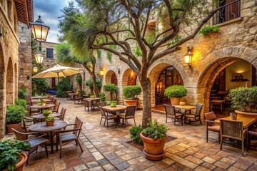 Fototapeta premium Mediterranean Outdoor Coffee Cafe with Olive Trees and Rustic Decor for Cozy Ambiance