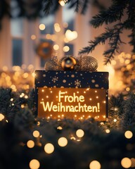 Weihnachtsgeschenkbox mit Frohe Weihnachten Lichtern