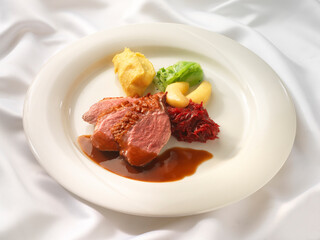 Ente, Rotkohl, Entenbrust, Zucchini, Kartoffeln, 