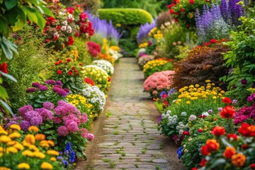 Obraz premium Colorful garden path lined with vibrant flowers and greenery, flowers, landscaping, garden design, outdoor decor