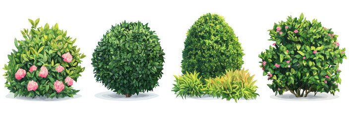 Set of lush garden bushes, isolated png