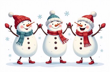 Illustration of dancing snowmen in funny clothes